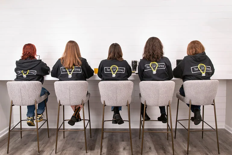 The ZAP Group team in branded hoodies, back view
